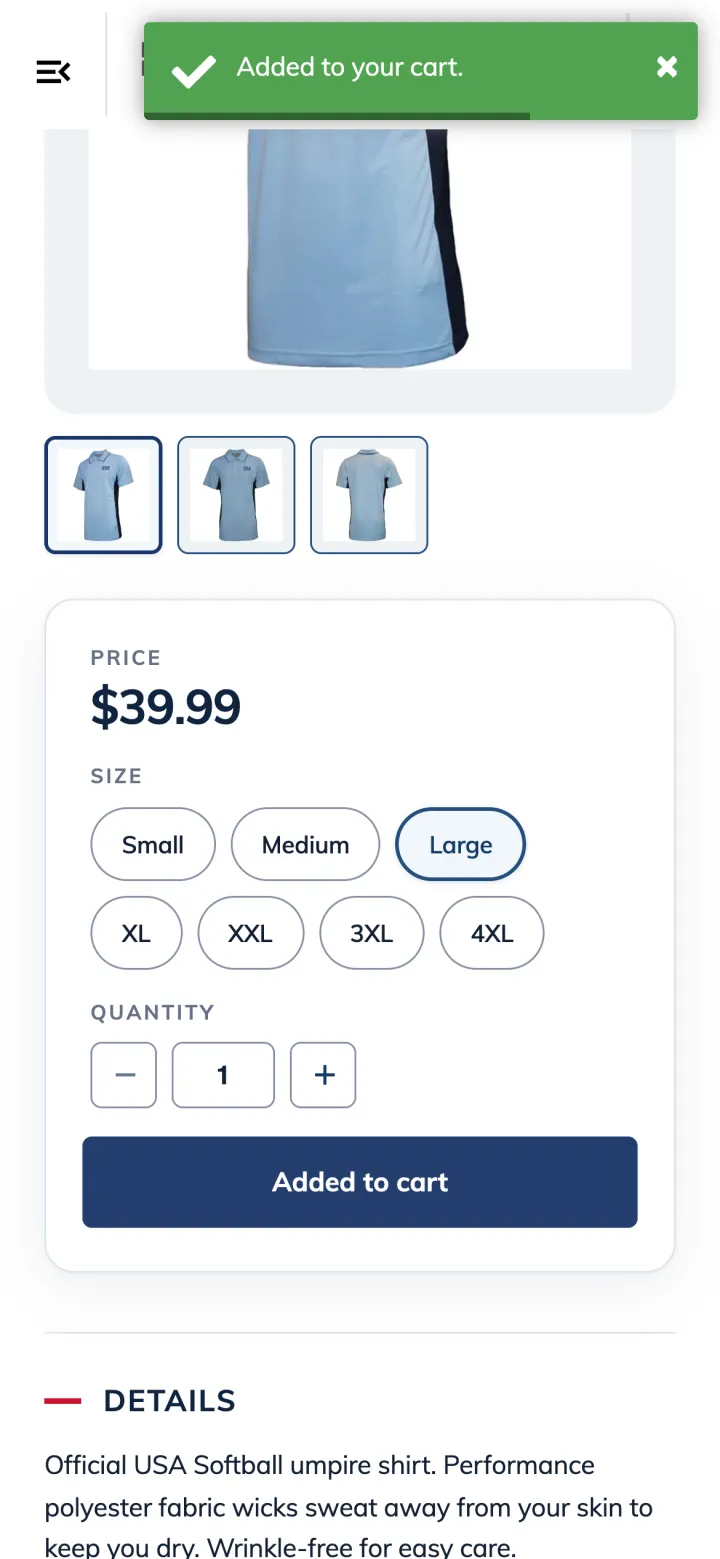 The store on a phone: an umpire polo with size Large picked and an Added to your cart confirmation.