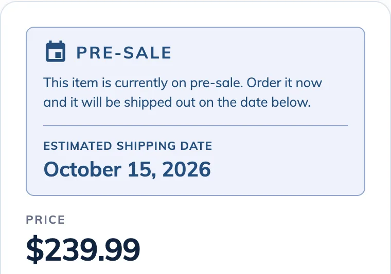 A pre-sale notice on a bat: order it now and it ships on the estimated shipping date, October 15, 2026. Price $239.99.